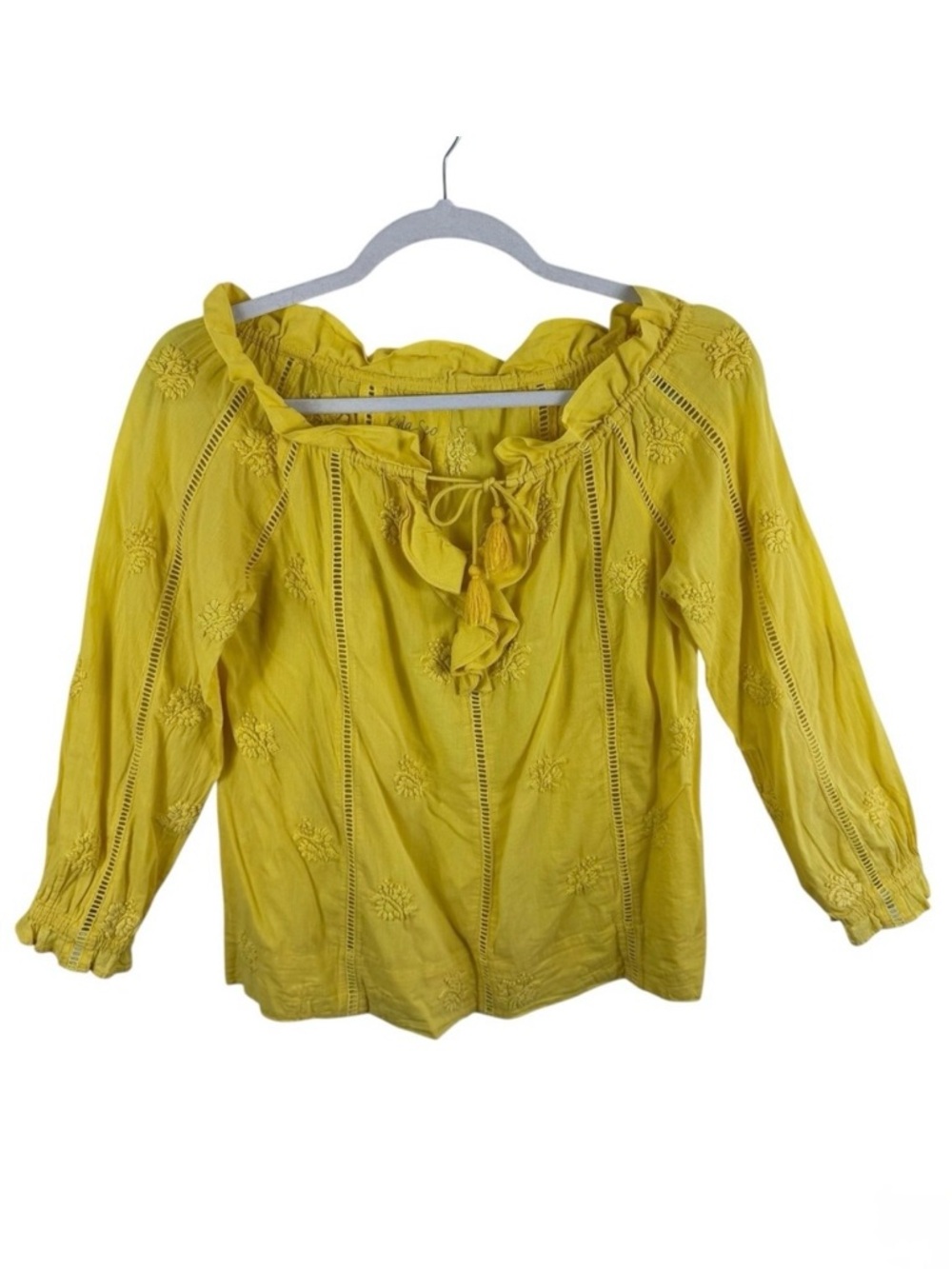 Kyla Seo Yellow Embroidered Cotton Tassel Tie Neck Boho Blouse Top Women's M